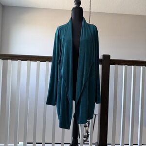 Chicos Travelers Sz 4‎ XXL Cardigan Open Front Slinky Knit Teal Zip Pocket 20/22